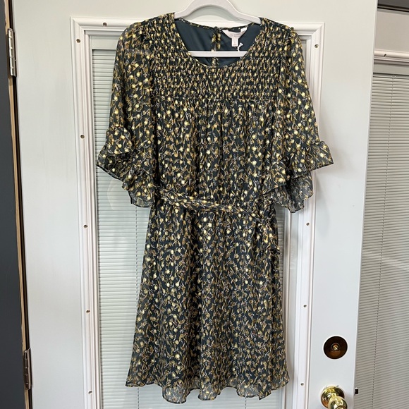 NWT LC Lauren Conrad Smocked Yoke Babydoll Dress, fall & winter colors gold - Picture 3 of 13